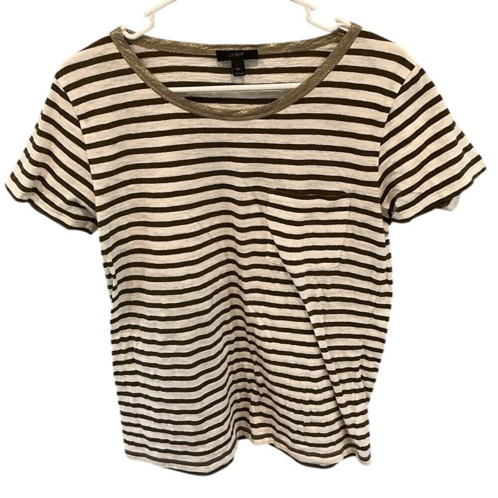 JCrew Womens Lightweight Tshirt Size M Green Gold Metallic Stripe Preppy Casual